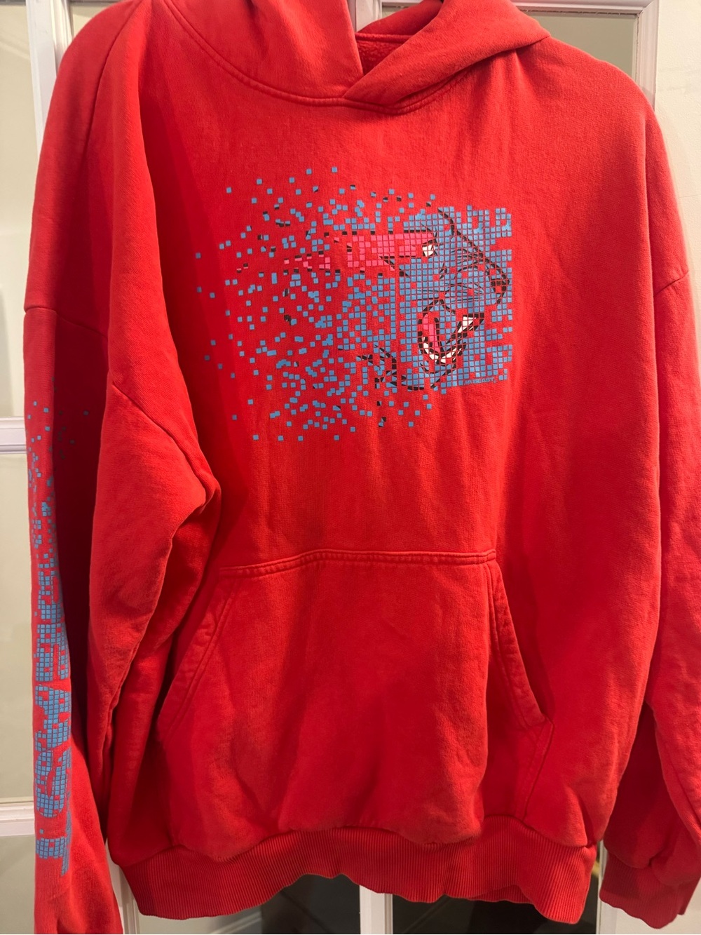 BEAST FASHION Red Crewneck Hoodie with Blue Pixel Graphic